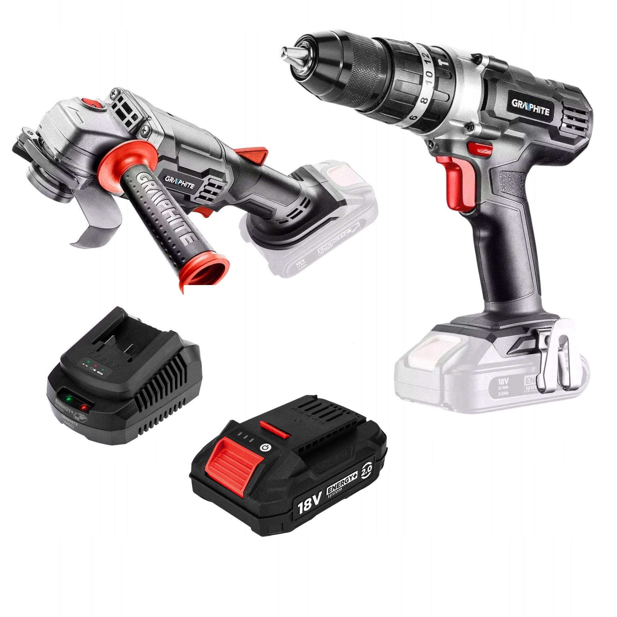 Angle Grinder 125 mm + Drilling Machine Impact + Aku 2Ah + Loader