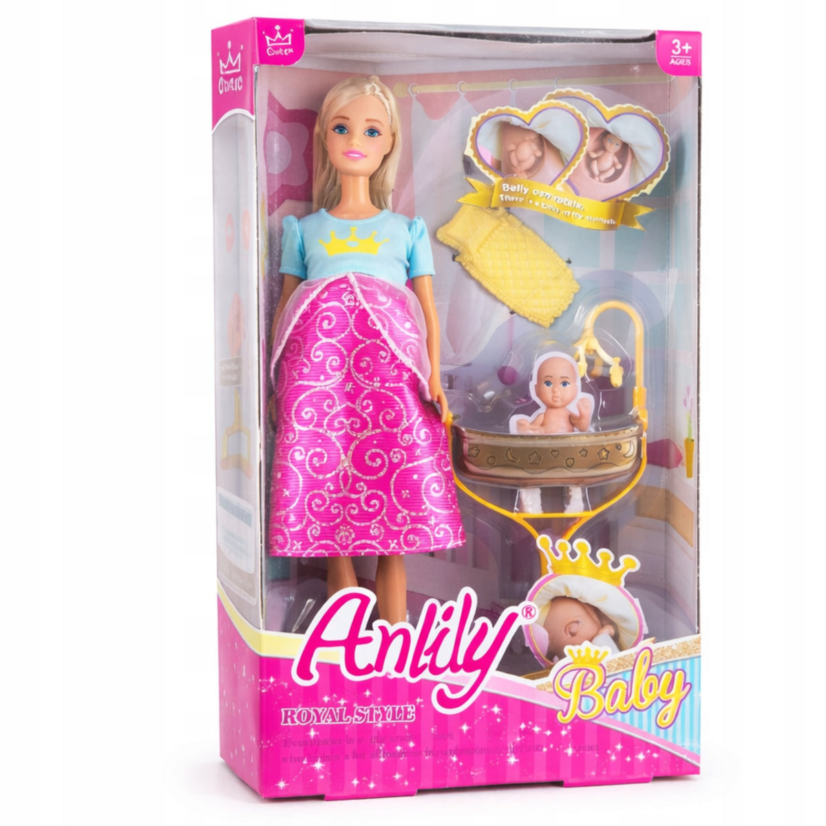 Anlily pregnant doll with opening belly + baby + cradle accessories Manufacturer code LALKA Z CIĄŻOWYM OTWIERANYM BRZUCHEM W CIĄŻY