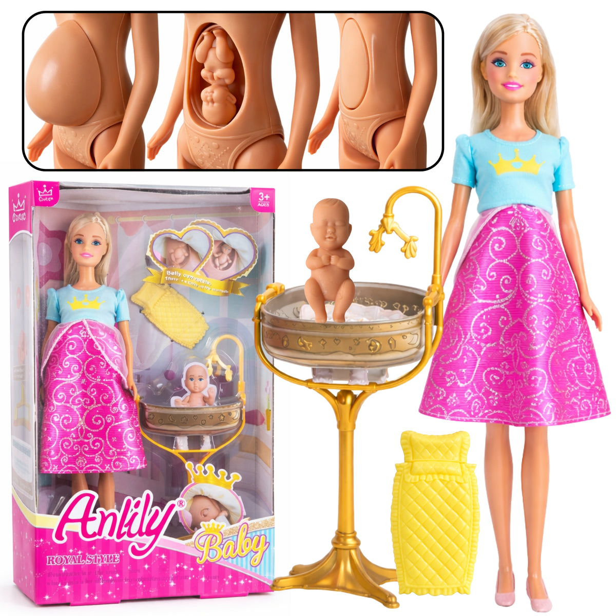 Anlily pregnant doll with opening belly + baby + cradle accessories