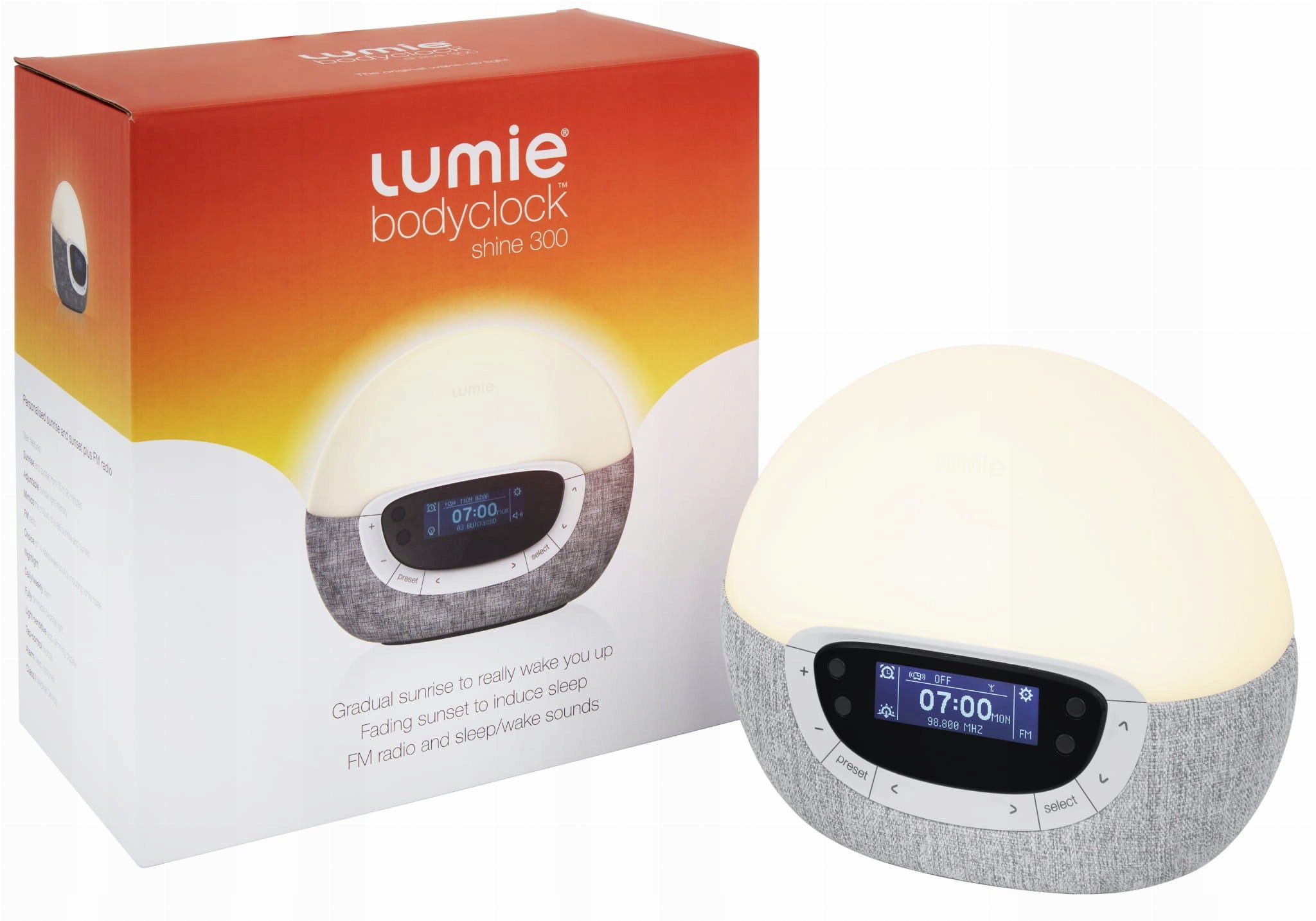 Anti-depressant lamp Lumie Shine 300 dawn simulator alarm clock DAB radio USB Medical device yes