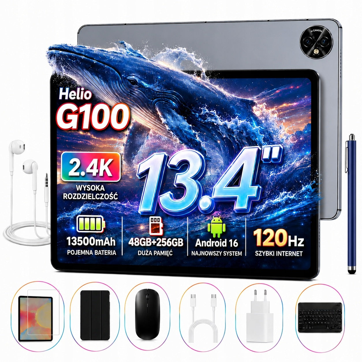 Aorlym P13 Tablet z klawiaturą 13,4"+12000mAh 2.4K WiFi Android16 48+128GB