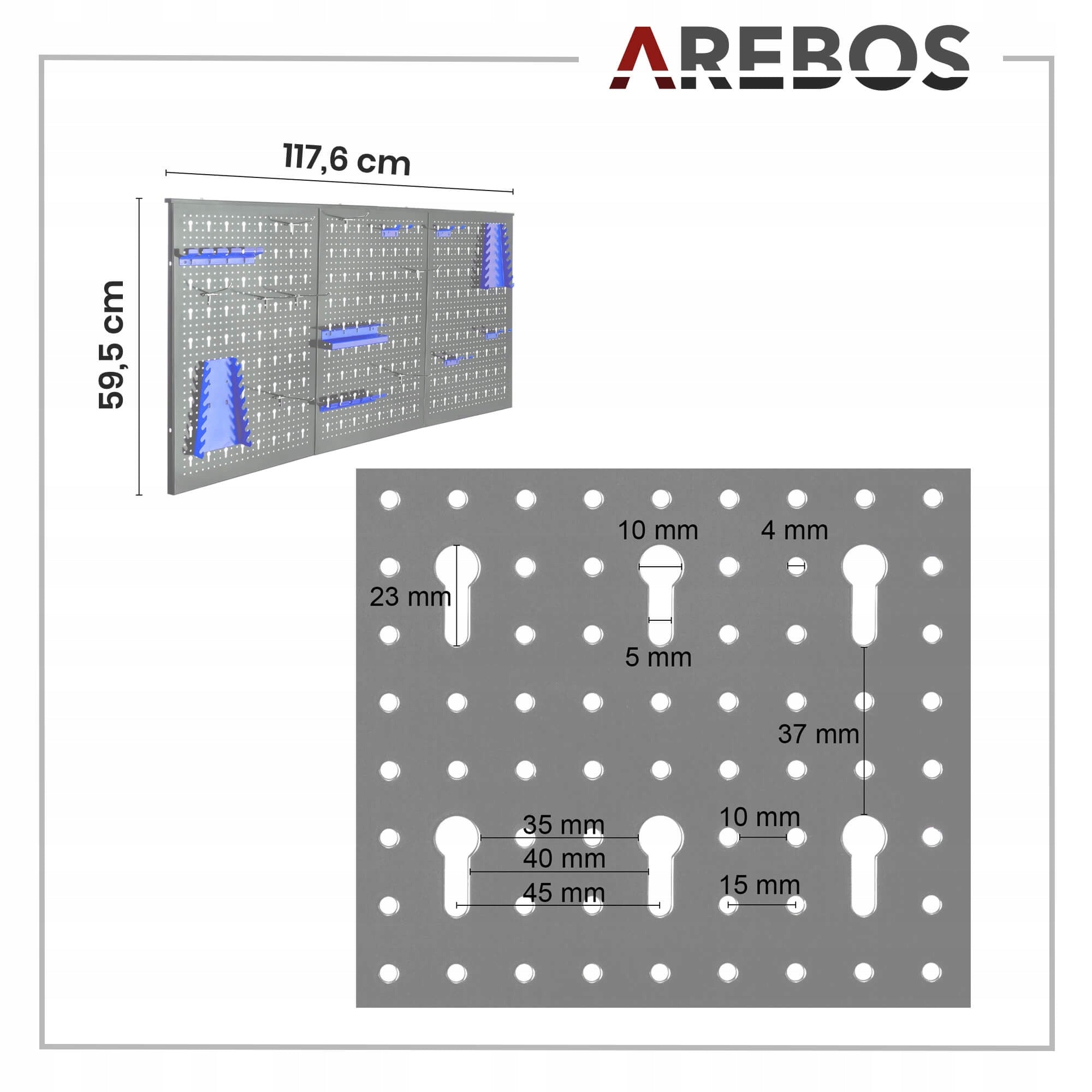 Arebos - Workshop Tool Wall | 17 pcs. | 117,6 x 59,5 x 2 cm | Blue Product width 120 cm