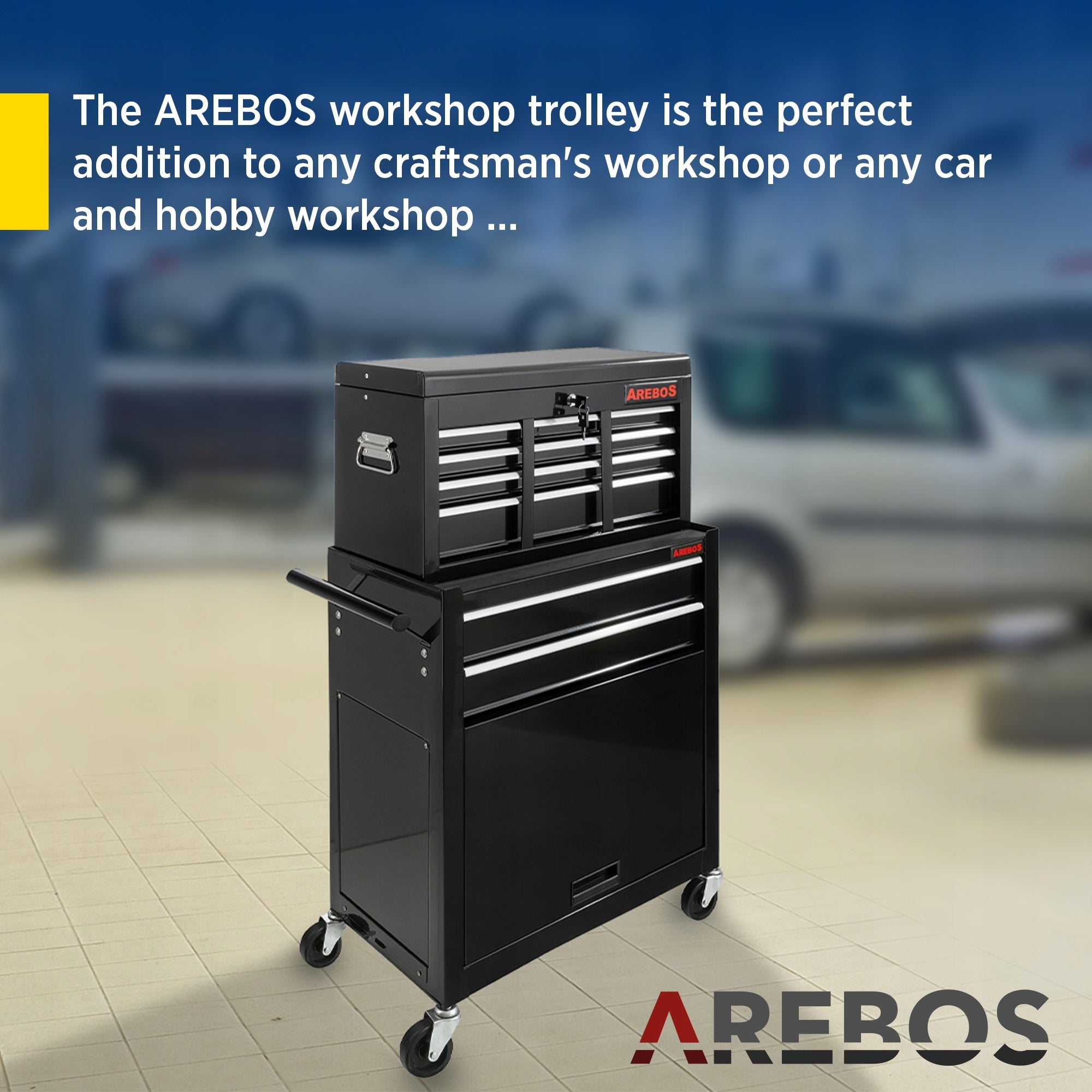 Arebos - Workshop Trolley | 9 Compartments | Lockable | Black EAN (GTIN) 4260551586712
