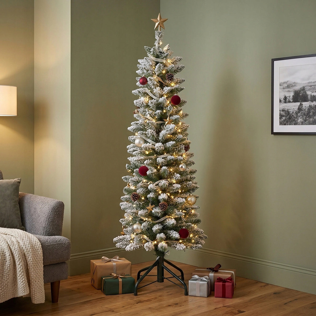 Artificial Christmas tree SLIM 180cm green snow-covered Pencil pine narrow 70cm Brand Kaemingk