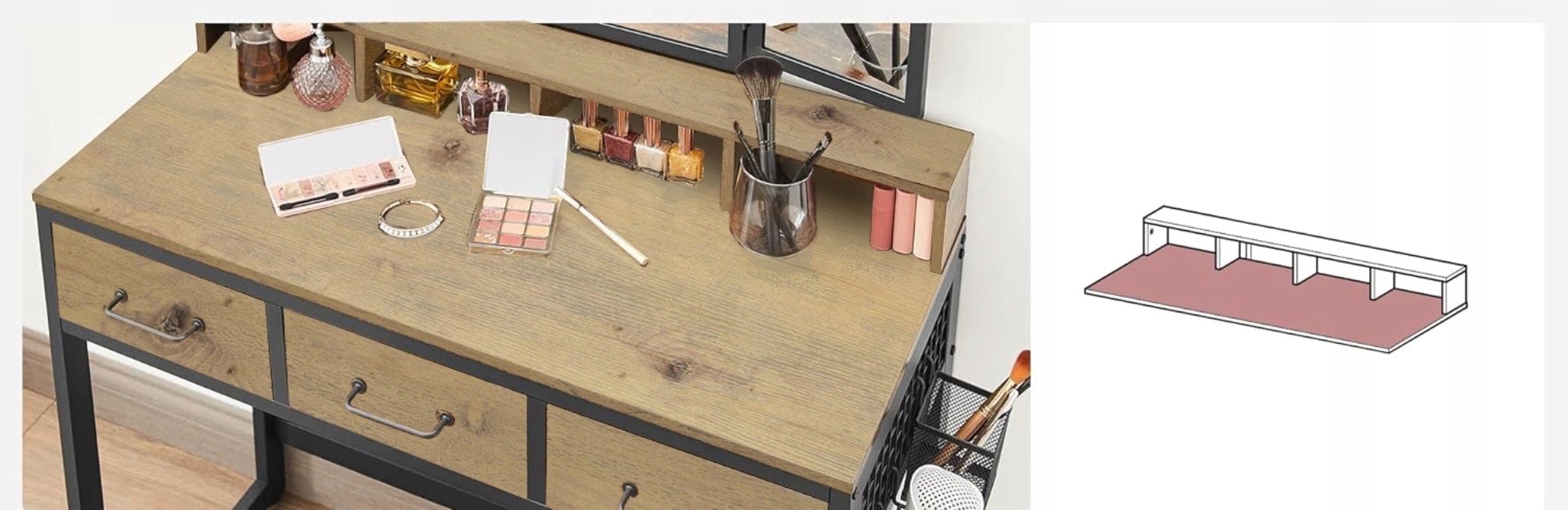 Artisan cosmetic Dressing Table - black mirror pouf hairdryer holder drawers Furniture depth 40 cm