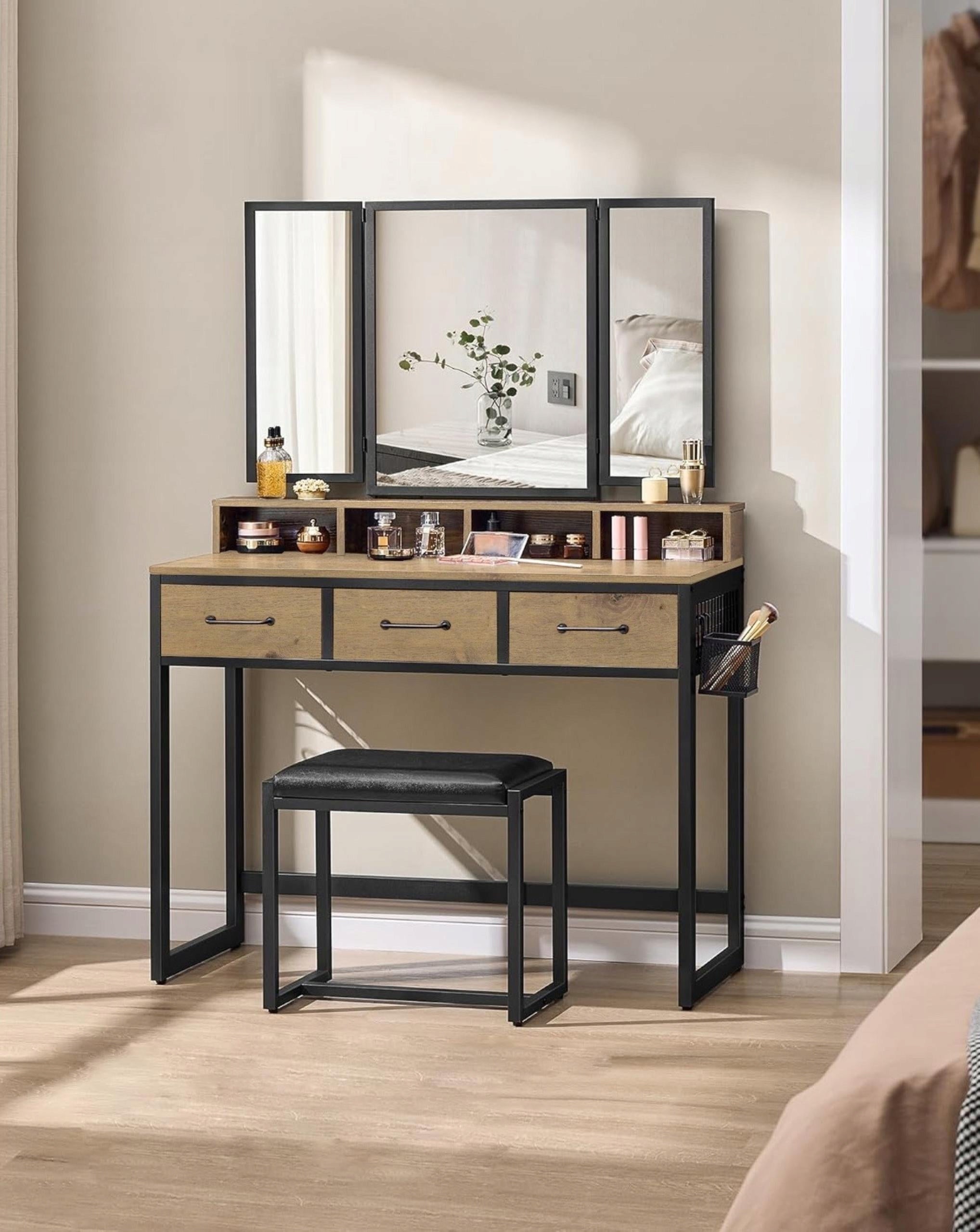Artisan cosmetic Dressing Table - black mirror pouf hairdryer holder drawers Packaging status original