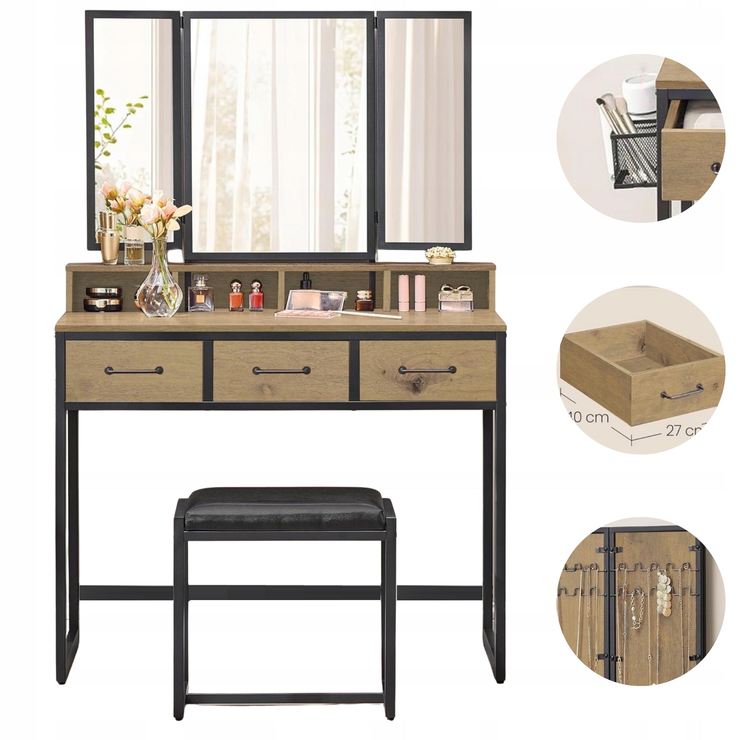 Artisan cosmetic Dressing Table - black mirror pouf hairdryer holder drawers