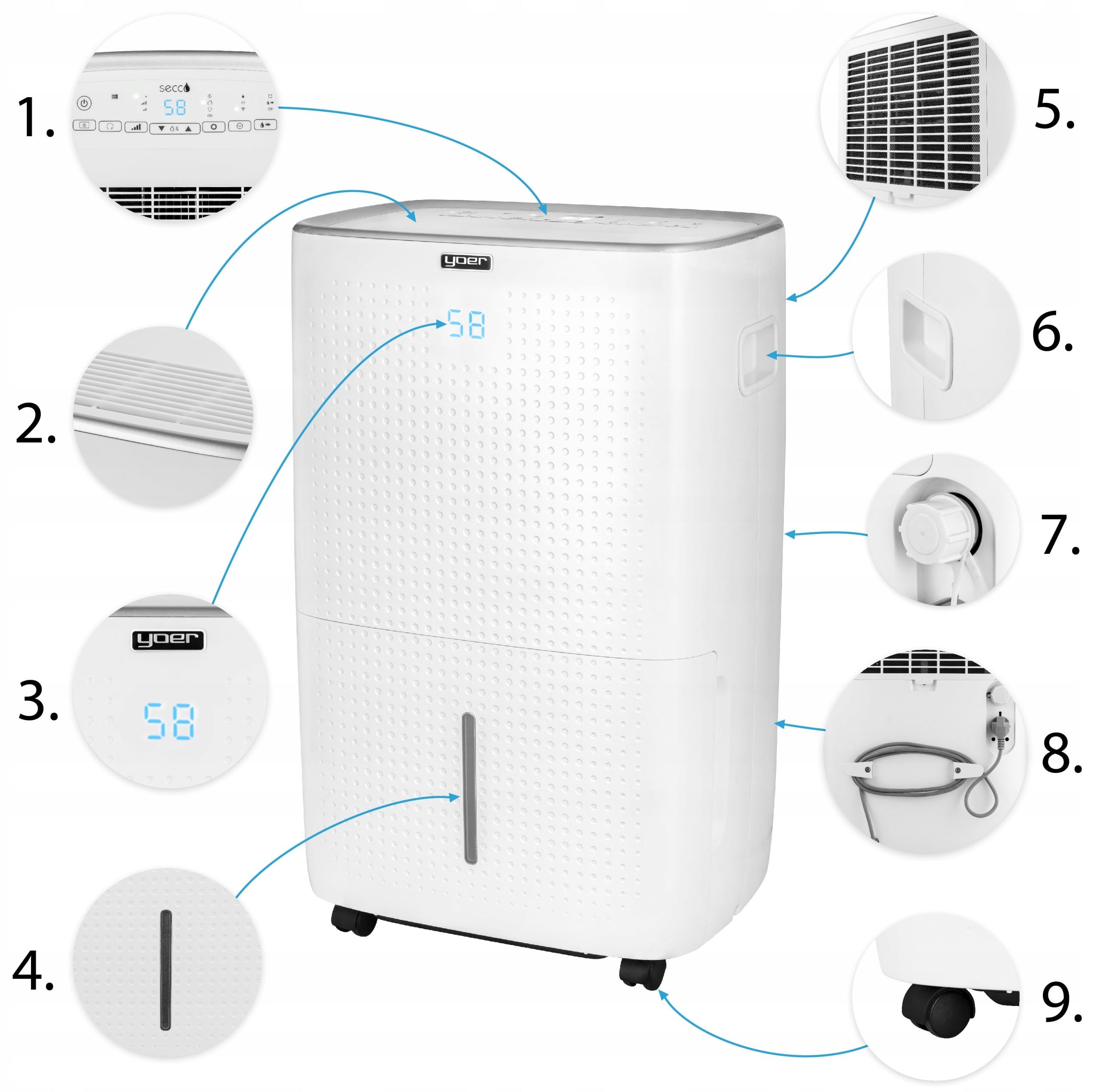 Automatic dehumidifier Yoer 60L/24h 150m² +DISCHARGE PUMP 5m Medical device no