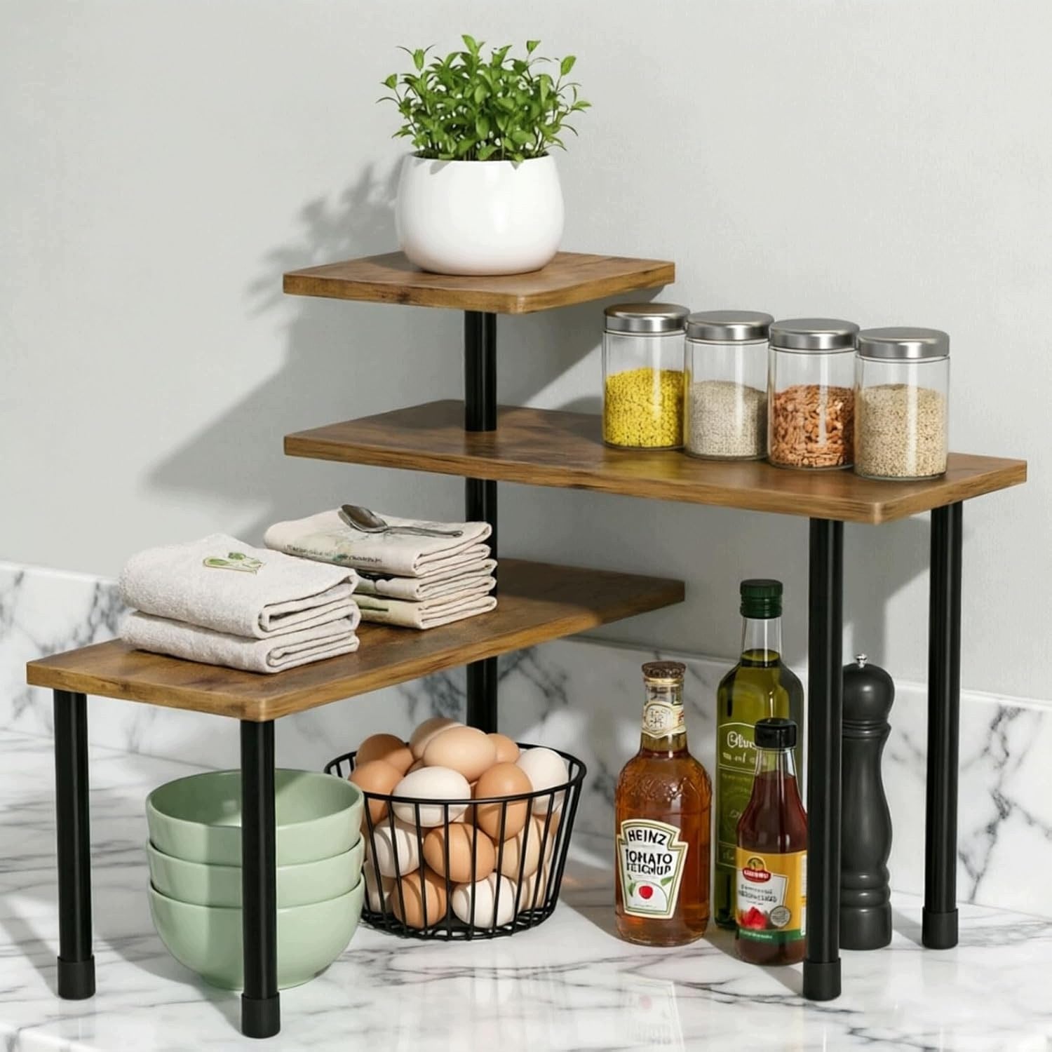 Awoyep Adjustable Corner Bookcase 3-Level for Countertop Black