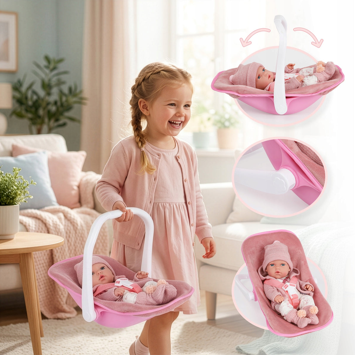 BABY DOLL 30CM CARRIER CAR SEAT KINDERPLAY CLOTHES PINK SET Brand Kinderplay