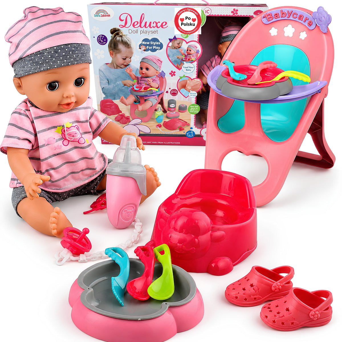 BABY DOLL DRINKS PEE SAYS in Polish CRIES 24 SOUNDS HIGH CHAIR