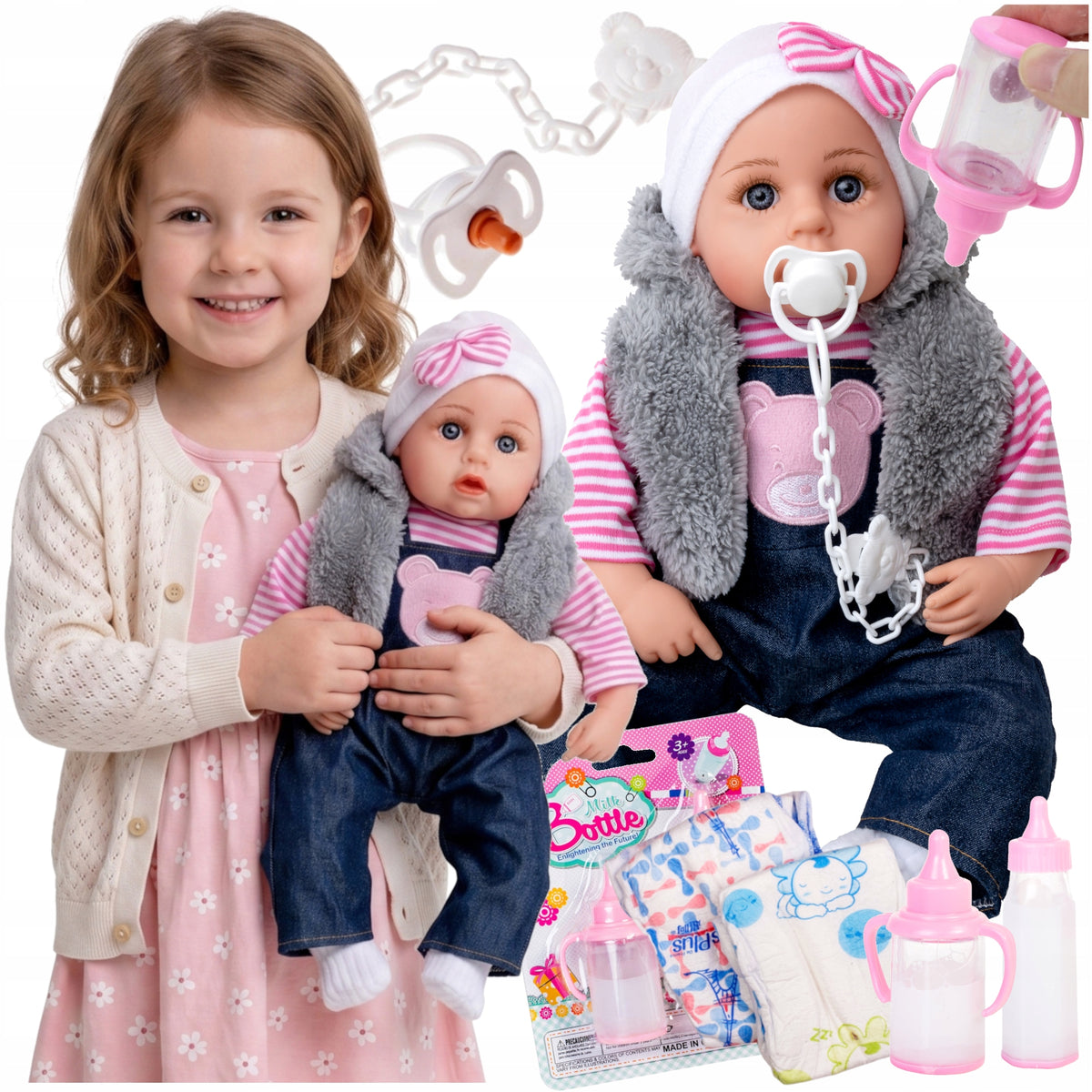 BABY DOLL LARGE 45 cm says sings PL Set PACIFIER + BOTTLES + PAMPERS