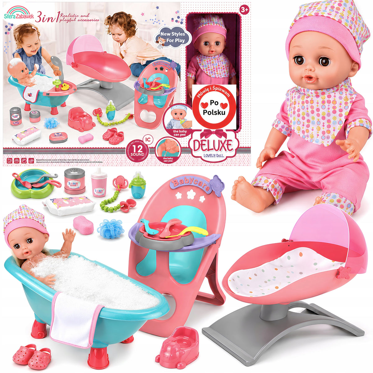 BABY DOLL MARTYNKA SPEAKING PL DRINKS PEE SET 3in1 WANIEnka HIGH CHAIR