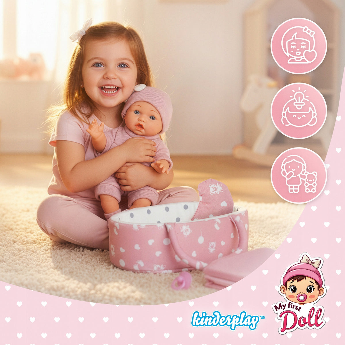BABY DOLL WITH CARRIER KINDERPLAY ACCESSORIES BABY 30CM COCOON Packaging status original