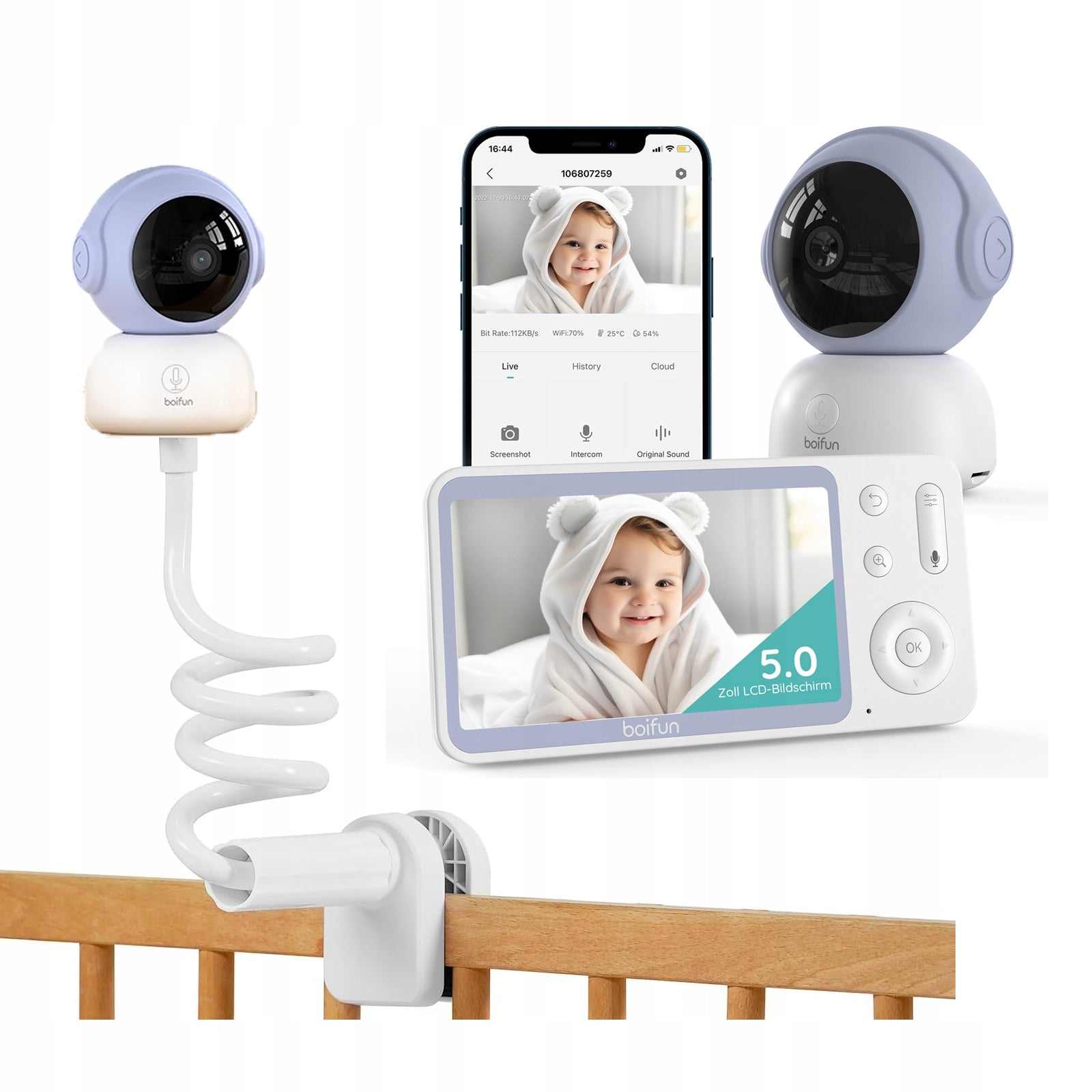 BABY MONITOR WITH WIFI CAMERA ROTATING 2K MONITOR LCD 5" 4XZOOM HOLDER