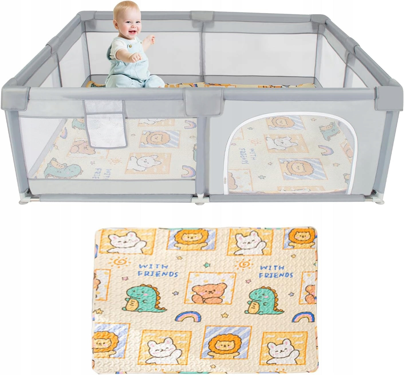 BABY PLAYPEN WITH MAT 150x180x65CM BREATHABLE MESH GREY Manufacturer code 5907092431758