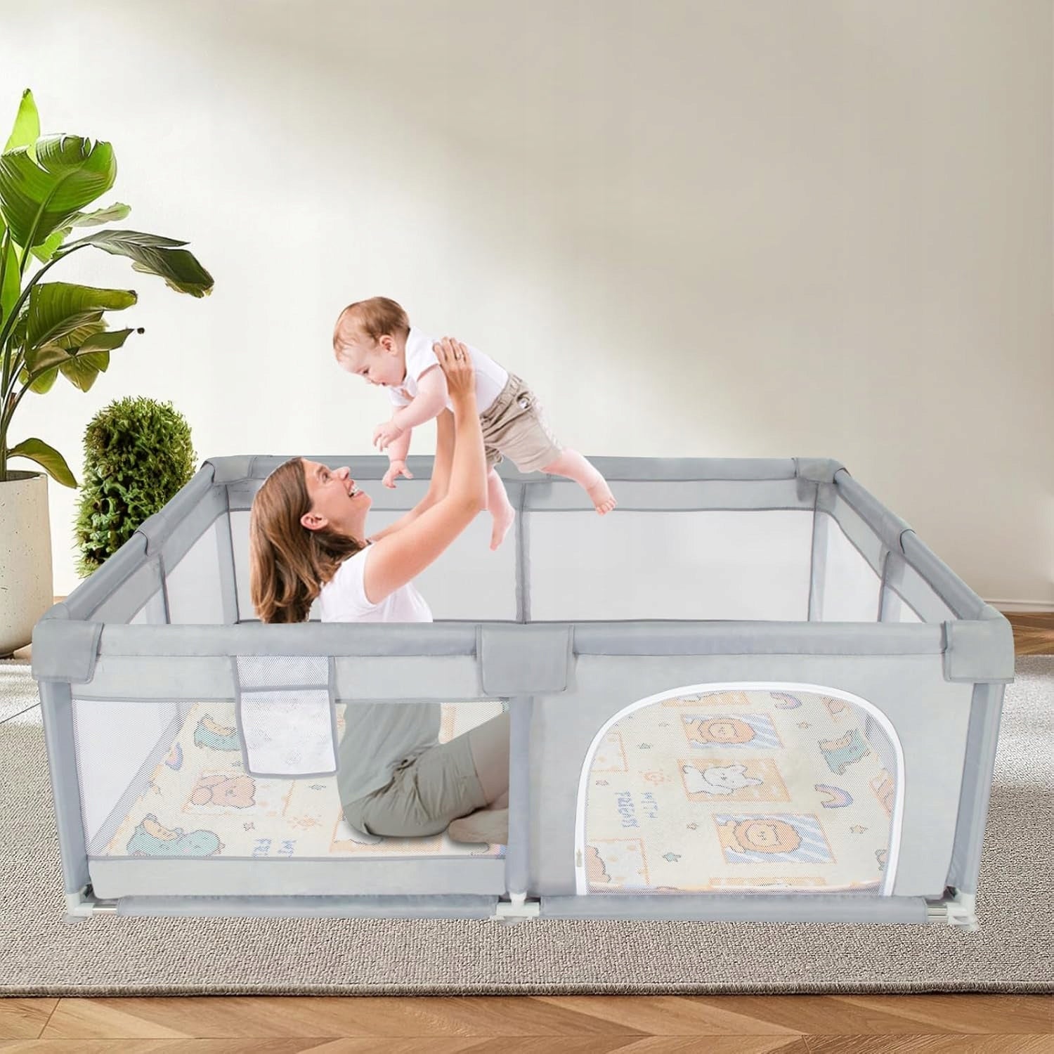 BABY PLAYPEN WITH MAT 150x180x65CM BREATHABLE MESH GREY