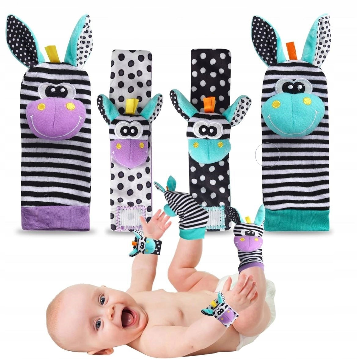 BABY SENSORY TOY CONTRAST SOCKS HANDLE BANDS x4 Manufacturer code 4x SKARPETKI 3D OPASKI NA RĄCZKI