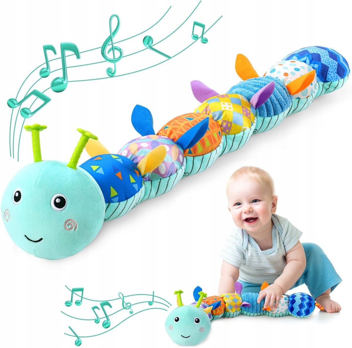 BABY SENSORY TOY MUSICAL PLUSH ANTI-STRESS CATERPILLAR Manufacturer code GĄSIENICA NIEBIESKA LEAF STORE