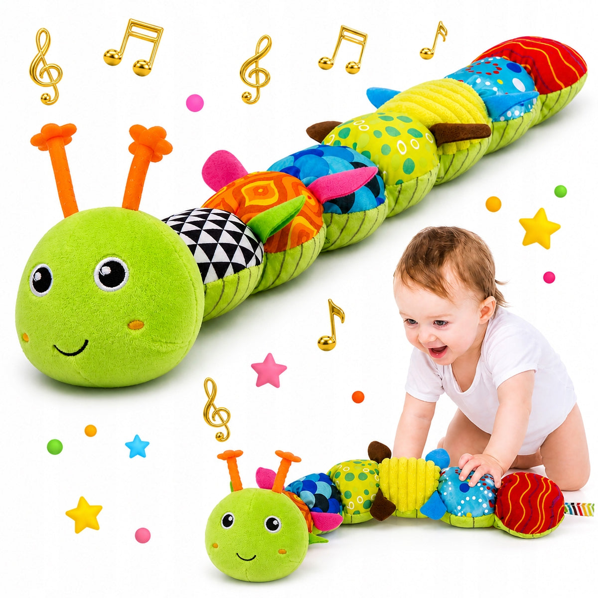 BABY SENSORY TOY MUSICAL PLUSH GREEN CATERPILLAR