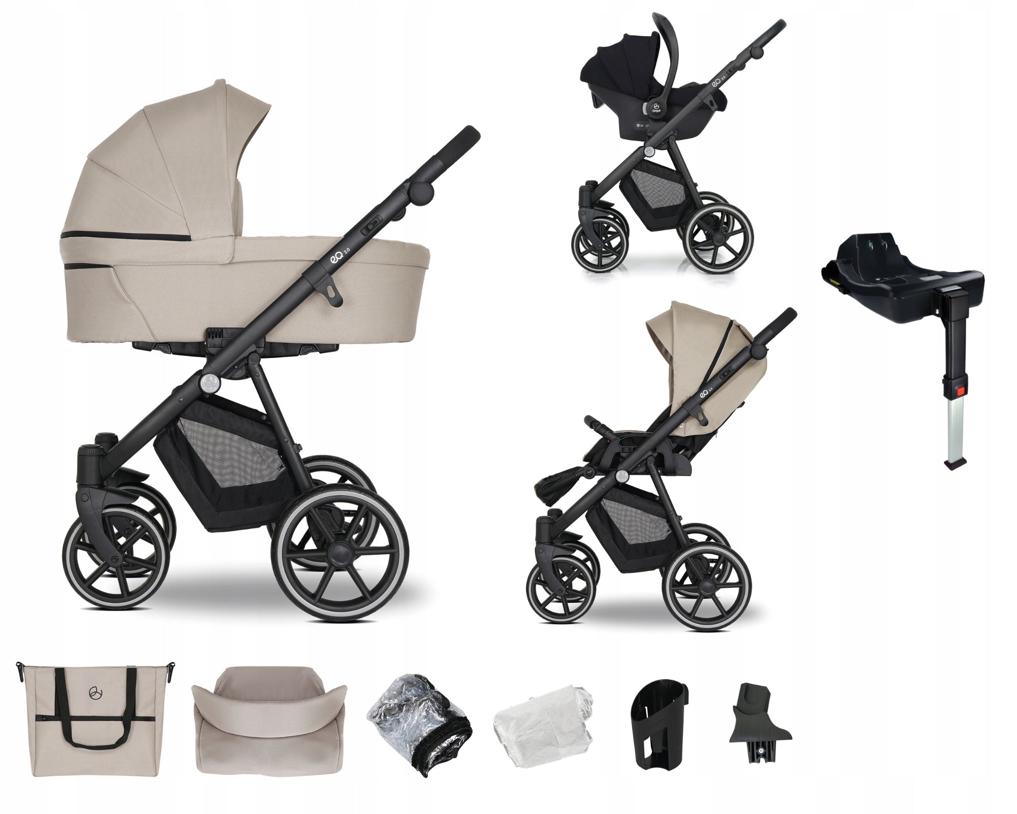 BABY STROLLER 4IN1 MULTIFUNCTIONAL BEIGE EQ 2.0 BASE SEAT ACCESSORIES