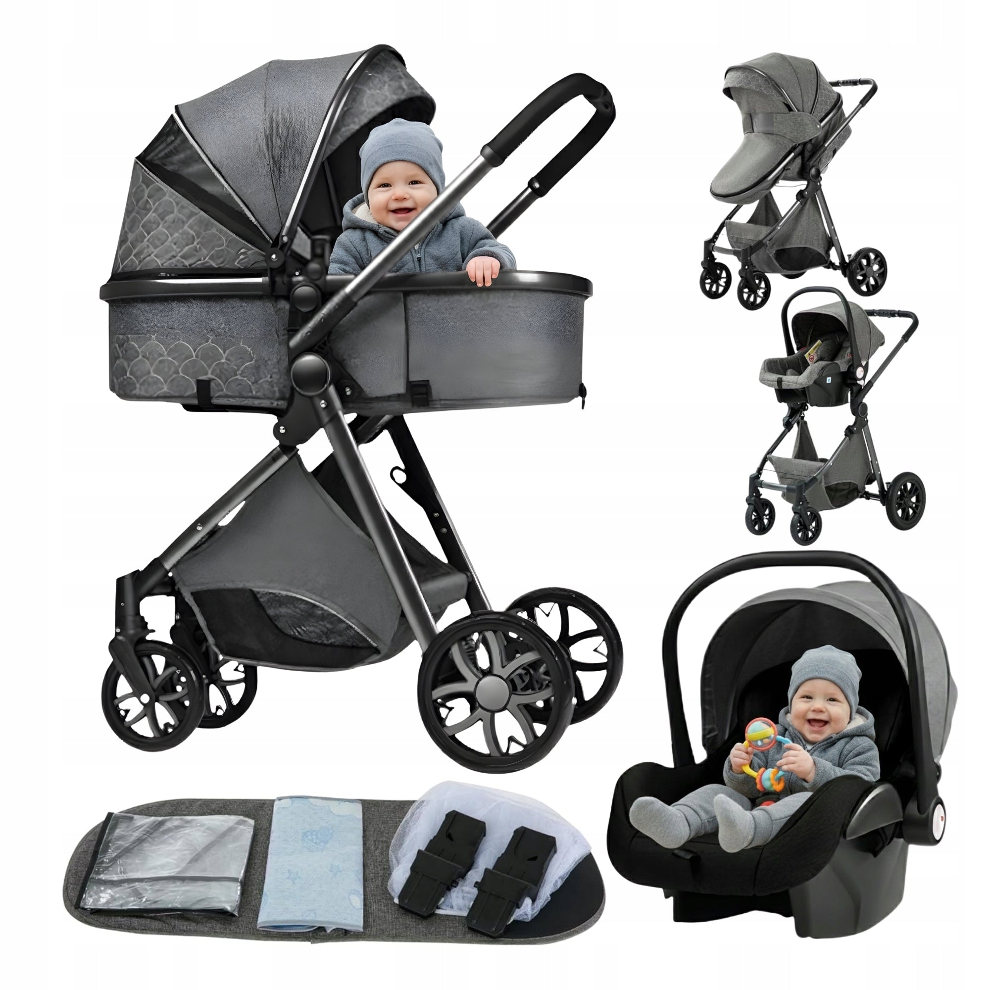 BABY STROLLER MULTIFUNCTIONAL GREY 3IN1
