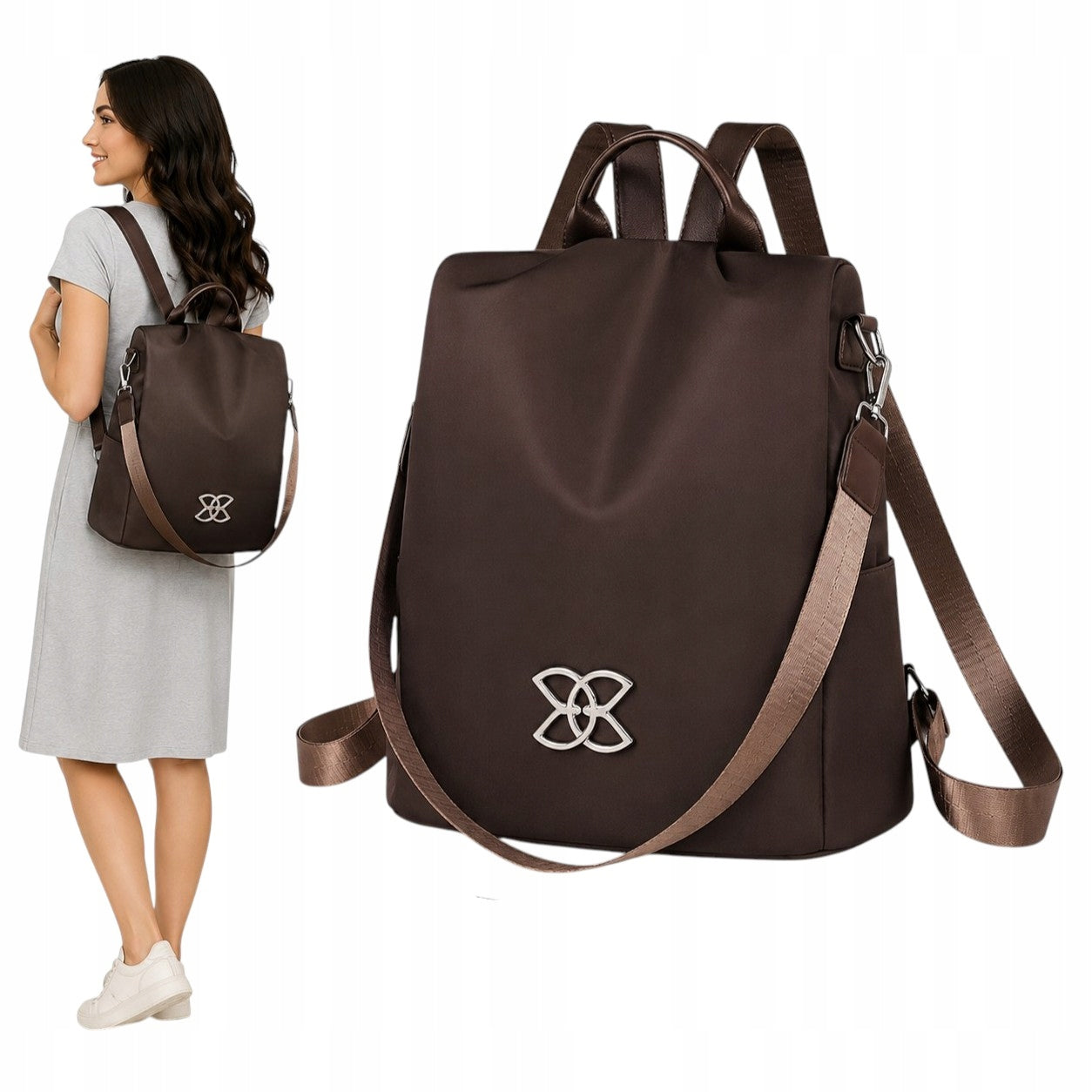 BACKPACK BAG 2IN1 WATERPROOF ELEGANT ANTI-THEFT ROOMY BROWN