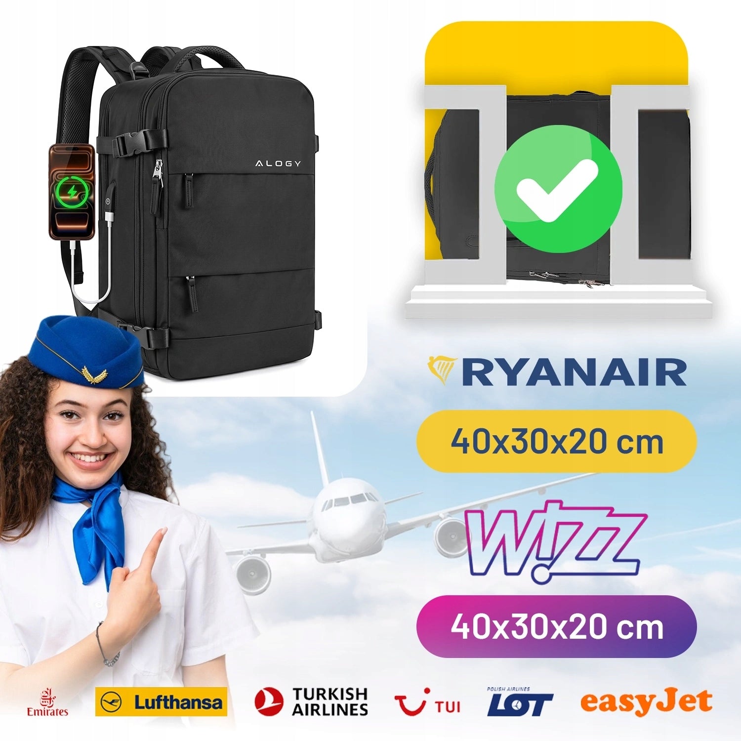 BACKPACK FOR AIRPLANE RYANAIR 40X25X20 CABIN WIZZAIR 25L + VACUUM PUMP Manufacturer code Plecak podróżny próżniowy podręczny USB