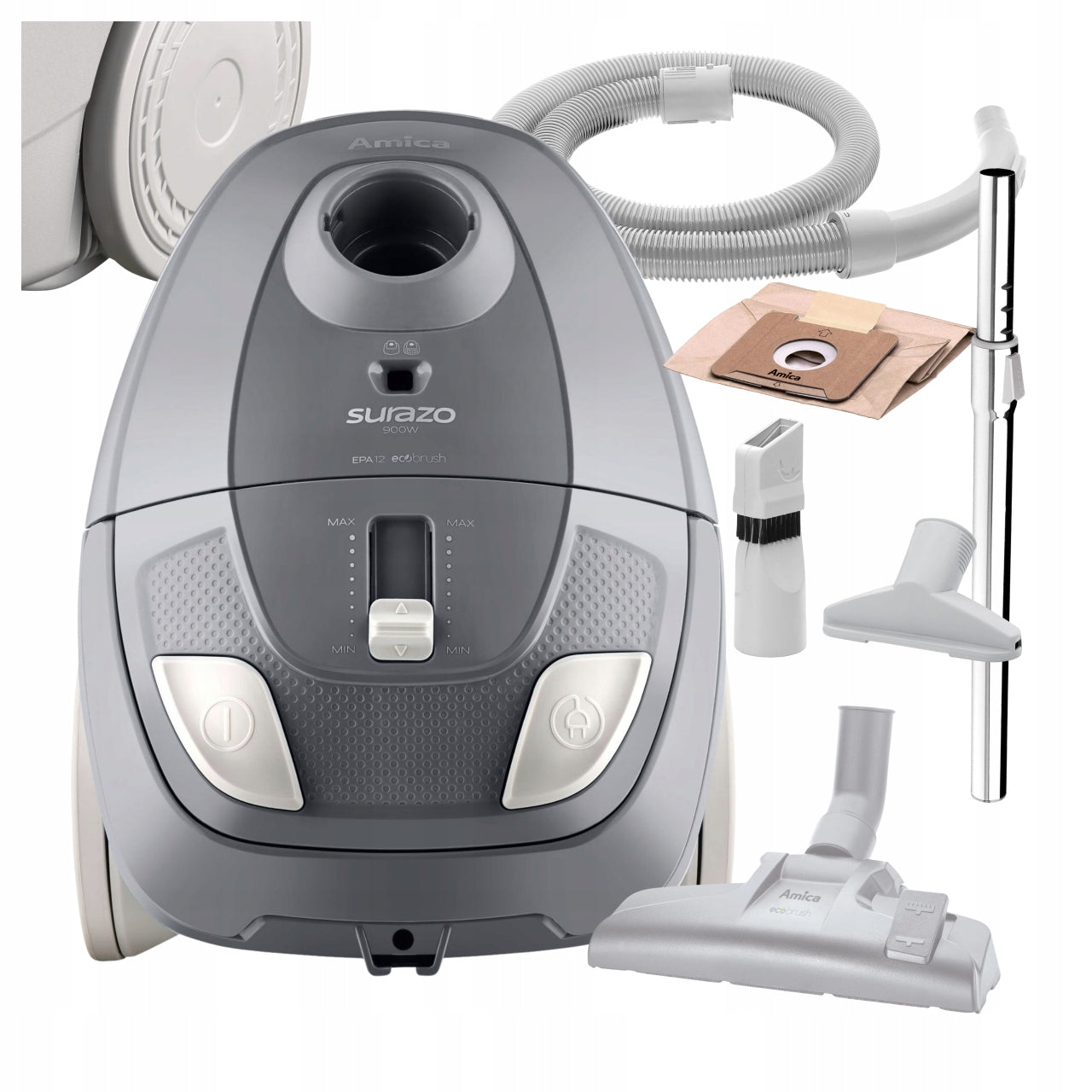 BAGGED VACUUM CLEANER AMICA VM1058 SURAZO 900W EPA 12 RANGE 8M ACCESSORIES GREY