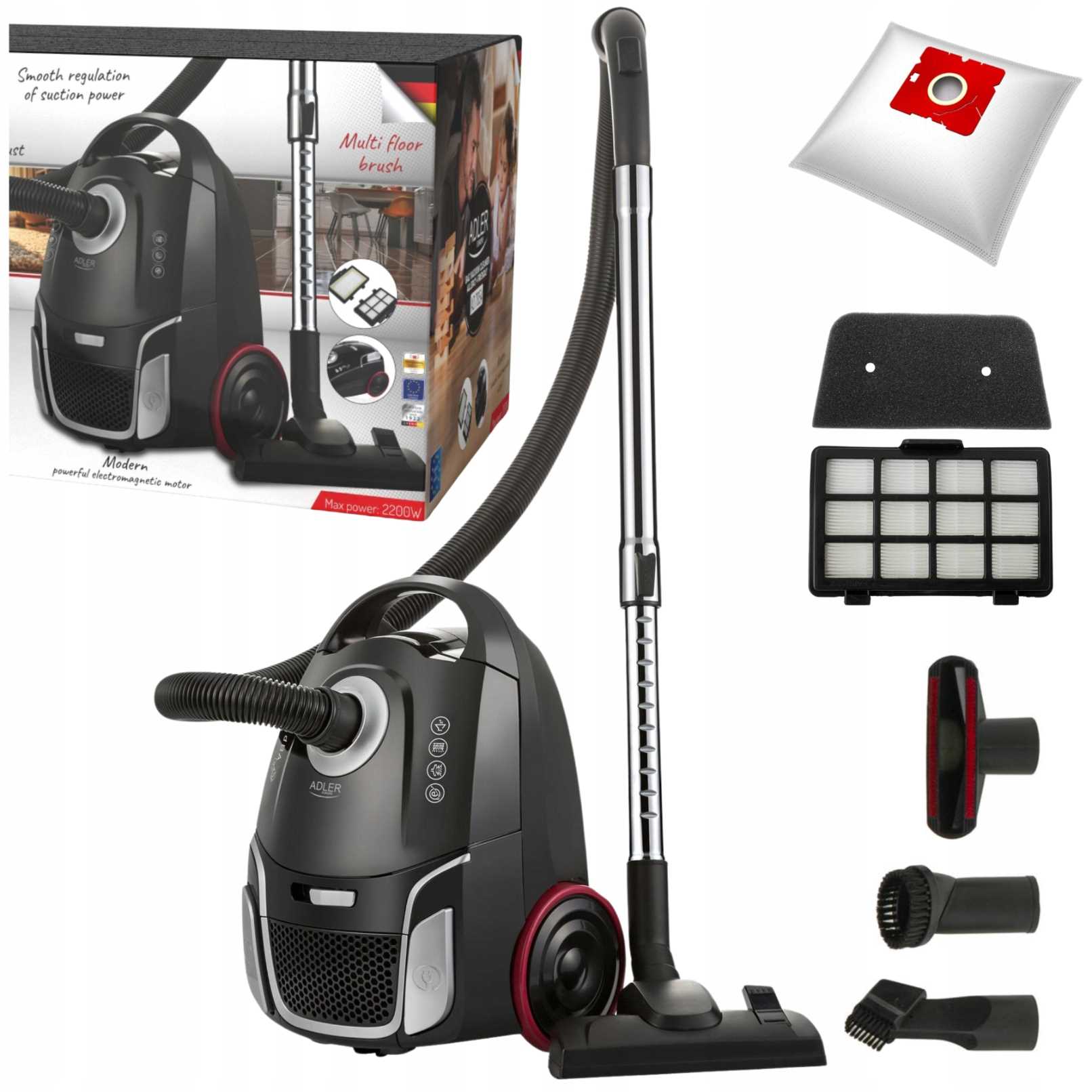 BAGGED VACUUM CLEANER POWERFUL TRADITIONAL 2200W 17 kPa HEPA Lightweight and Quiet 65dB