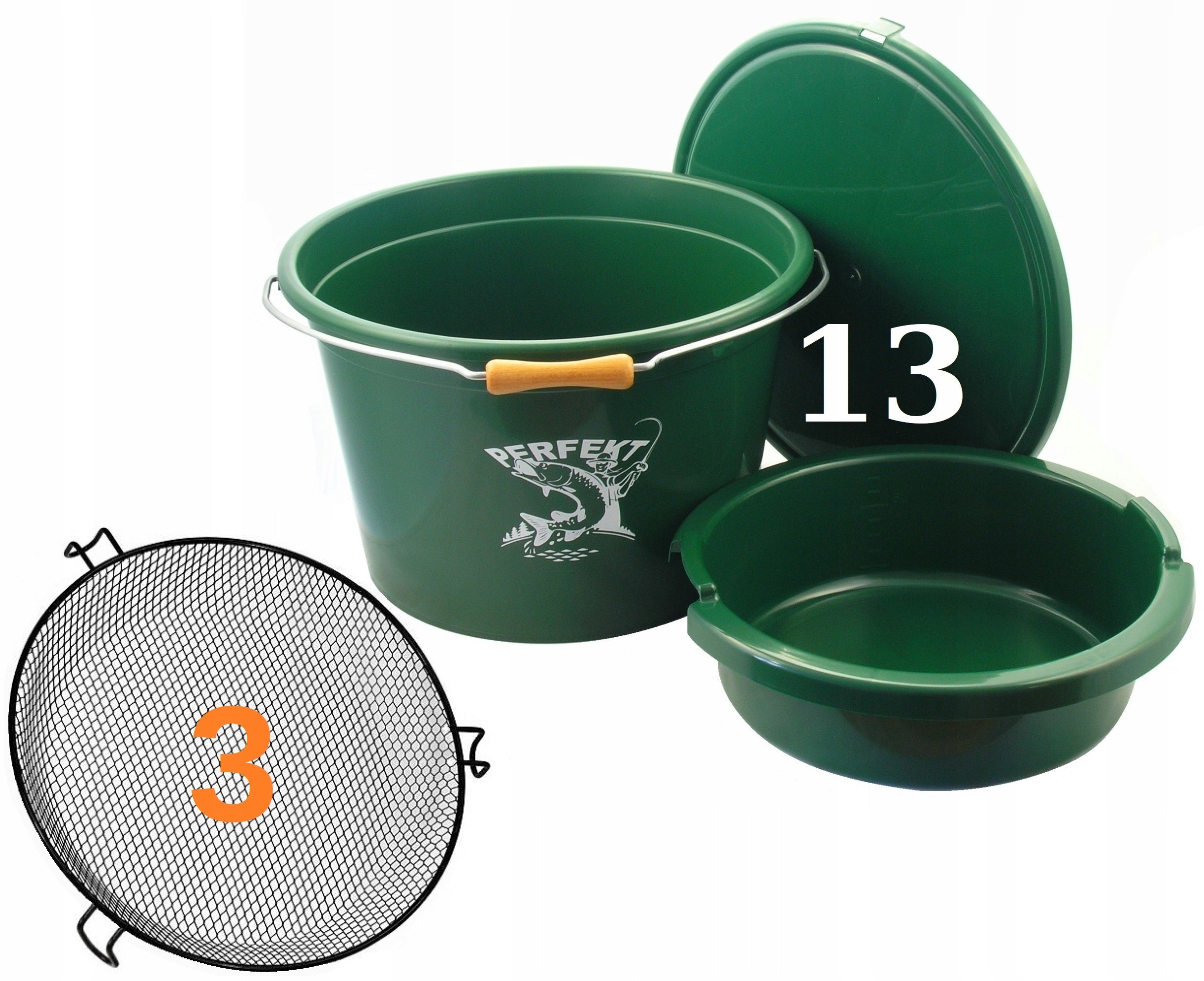 BAIT BUCKET WITH MEASURING CUP PERFEKT 13L + BOWL 4L + LID + SIEVE 3