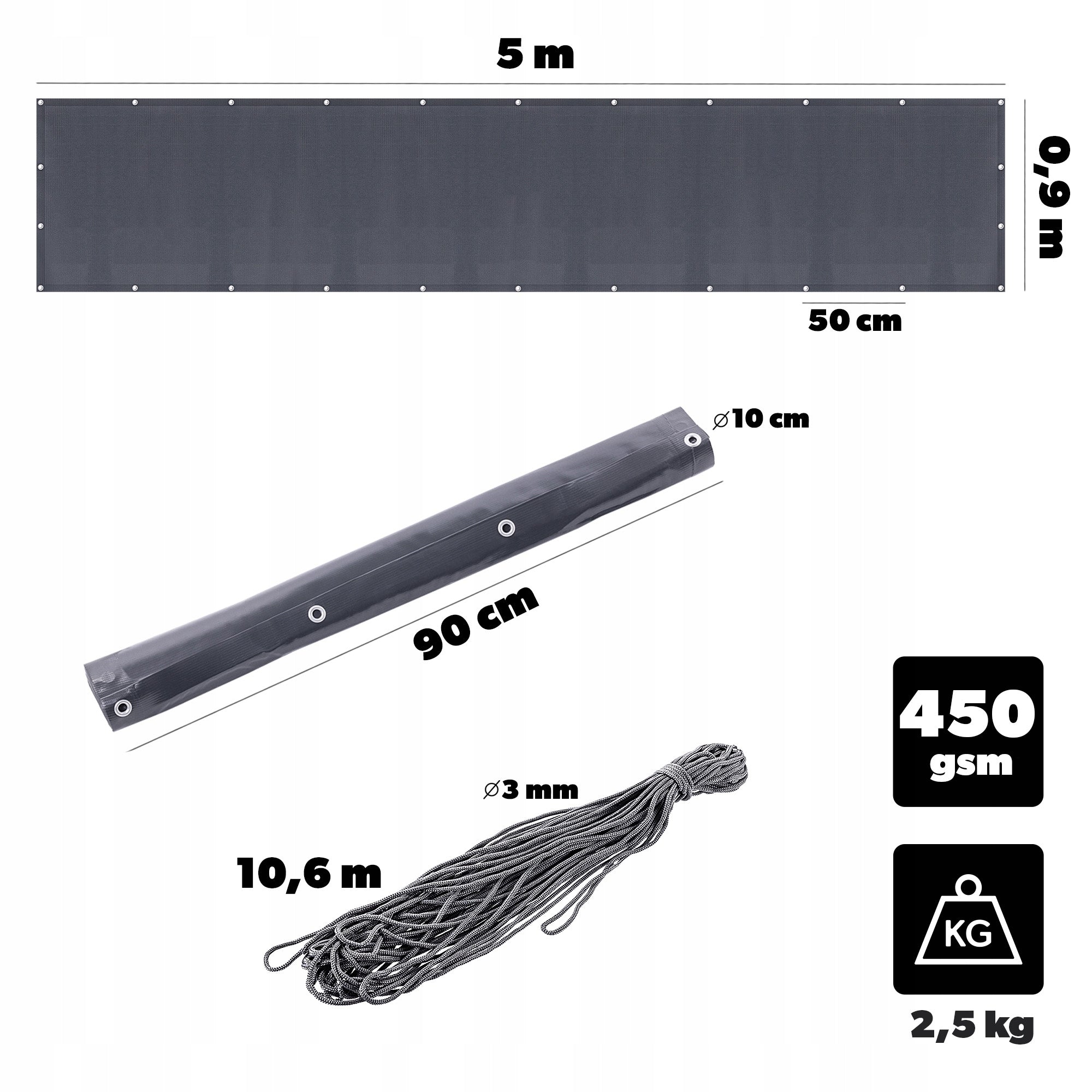 BALCONY COVER 450g 90x500 cm THICK MAT BALCONY TERRACE UV BLACK EYELET Manufacturer code K16345