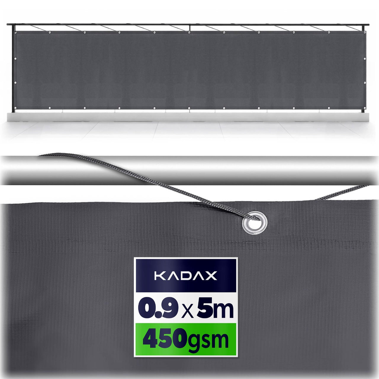 BALCONY COVER 450g 90x500 cm THICK MAT BALCONY TERRACE UV BLACK EYELET