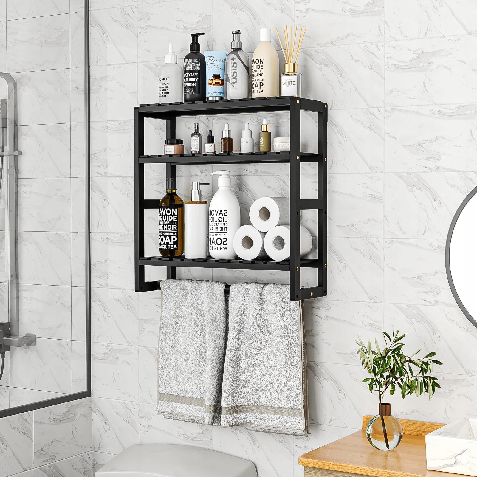 BAMBOO BATHROOM SHELF 3 LEVELS 43 CM WITH BAR Manufacturer code B0CPPL5C4K