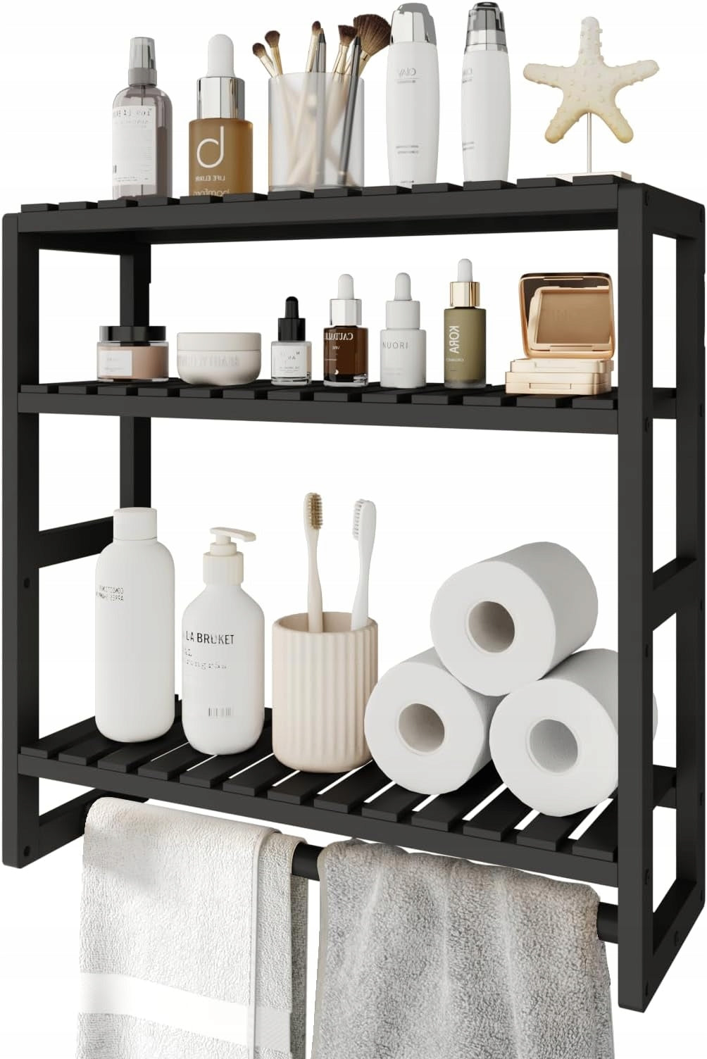 BAMBOO BATHROOM SHELF 3 LEVELS 43 CM WITH BAR