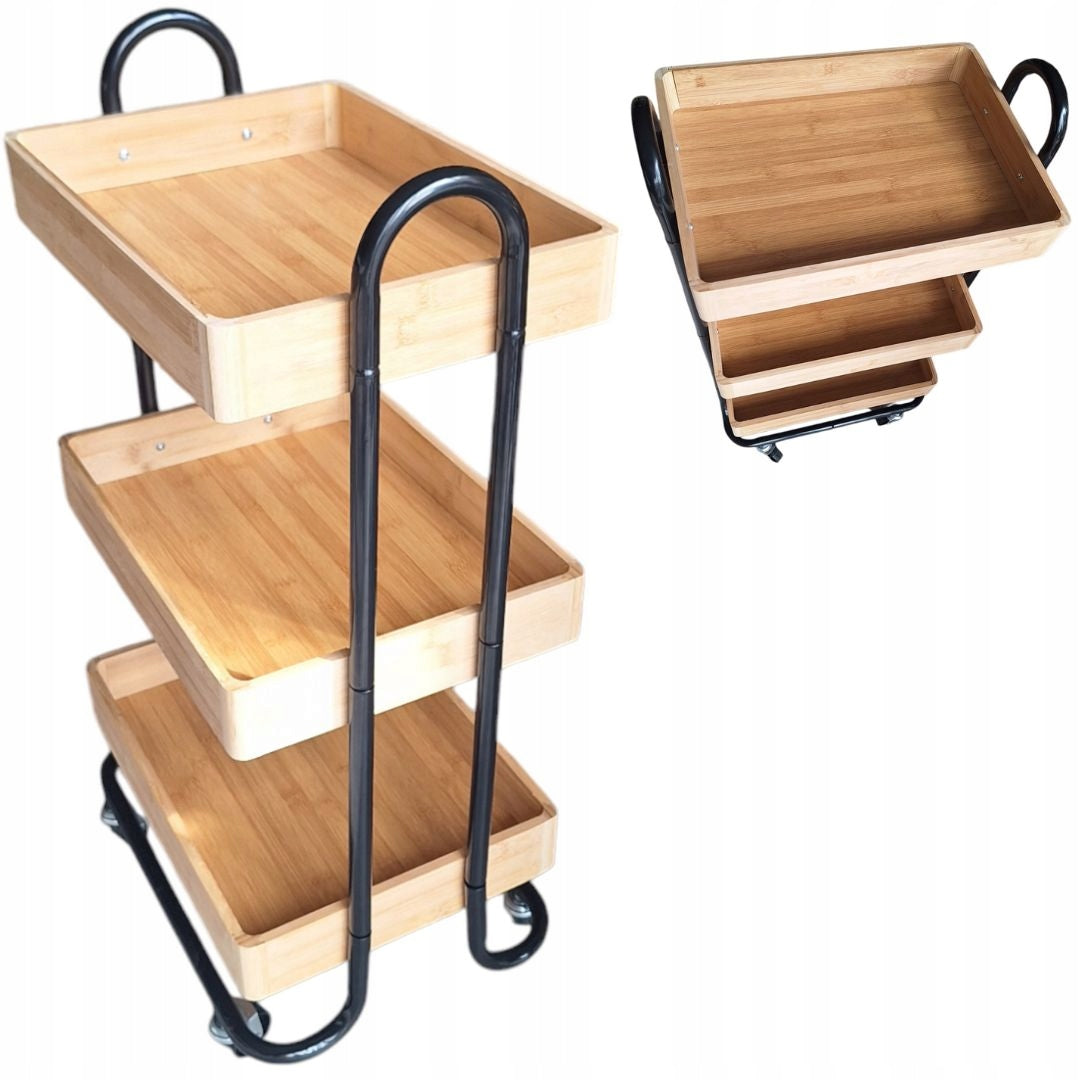 BAMBOO BATHROOM SHELVING UNIT ON WHEELS KITCHEN TROLLEY 3 SHELVES