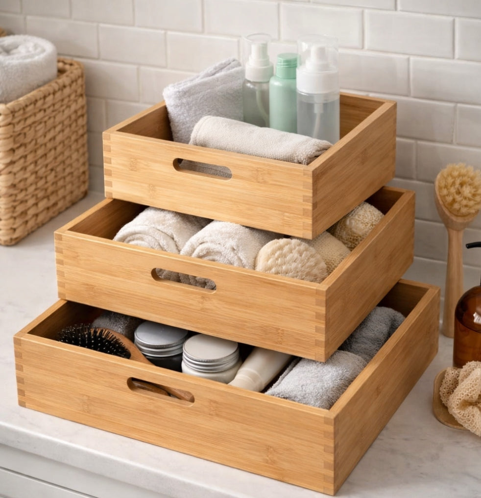 BAMBOO BOX X 3PCS DIKOM ORGANIZER FOR BATHROOM BEDROOM BOHO ECO Packaging status original