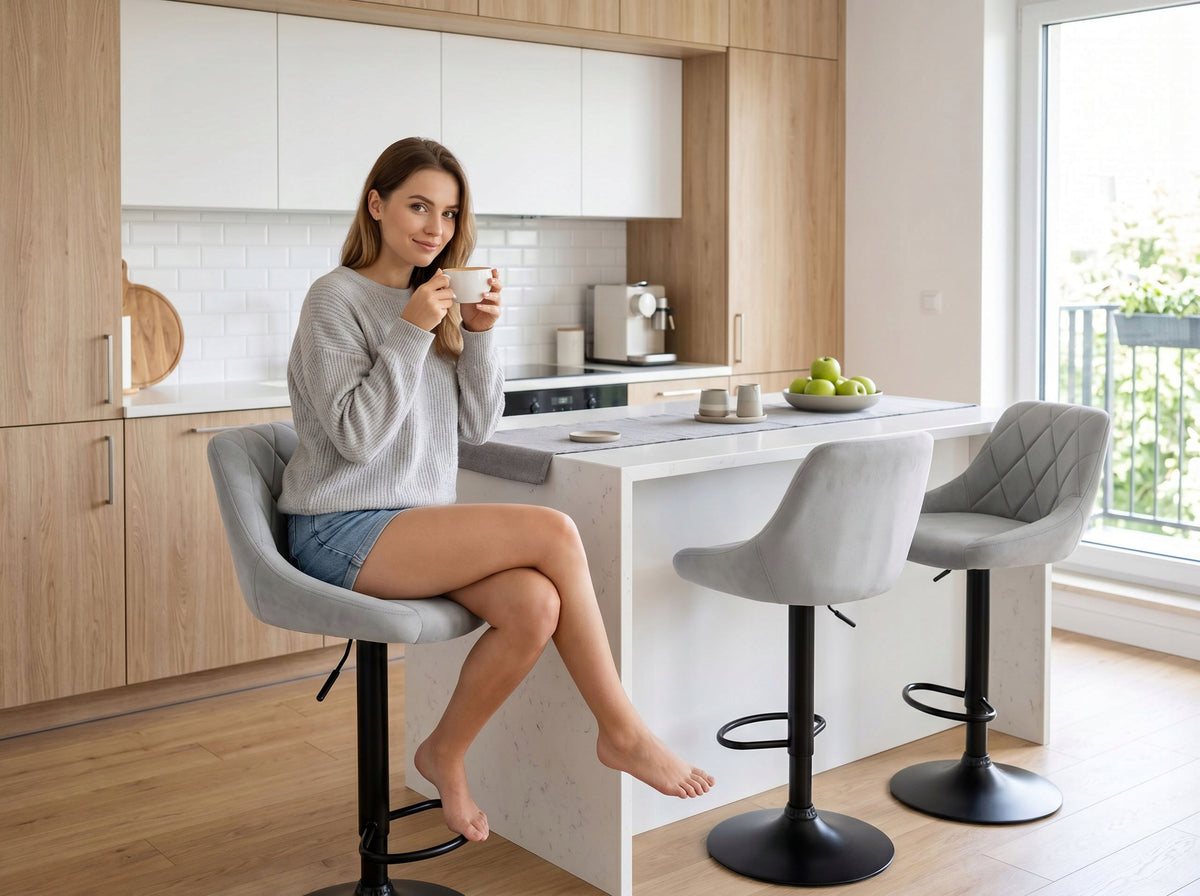 BAR STOOL ADJUSTABLE SWIVEL VELOUR CHAIR GREY FOR DINING ROOM ISLAND Packaging status original