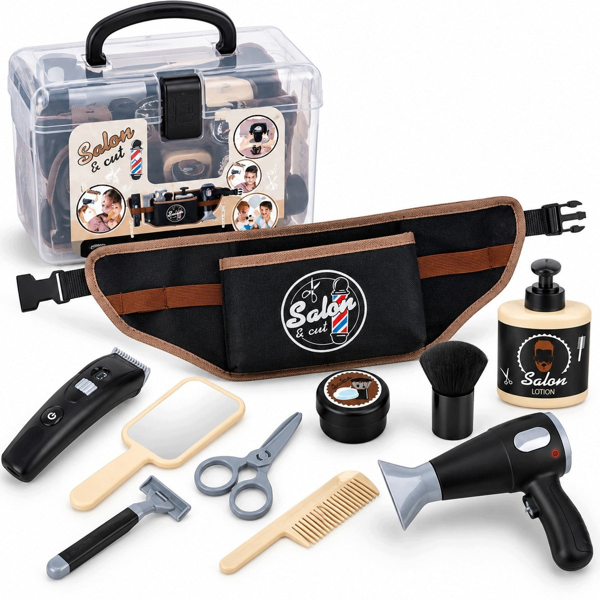 BARBER Hairdresser for Kids Set Small Barber Belt Machine Dryer 10in1 Packaging status original