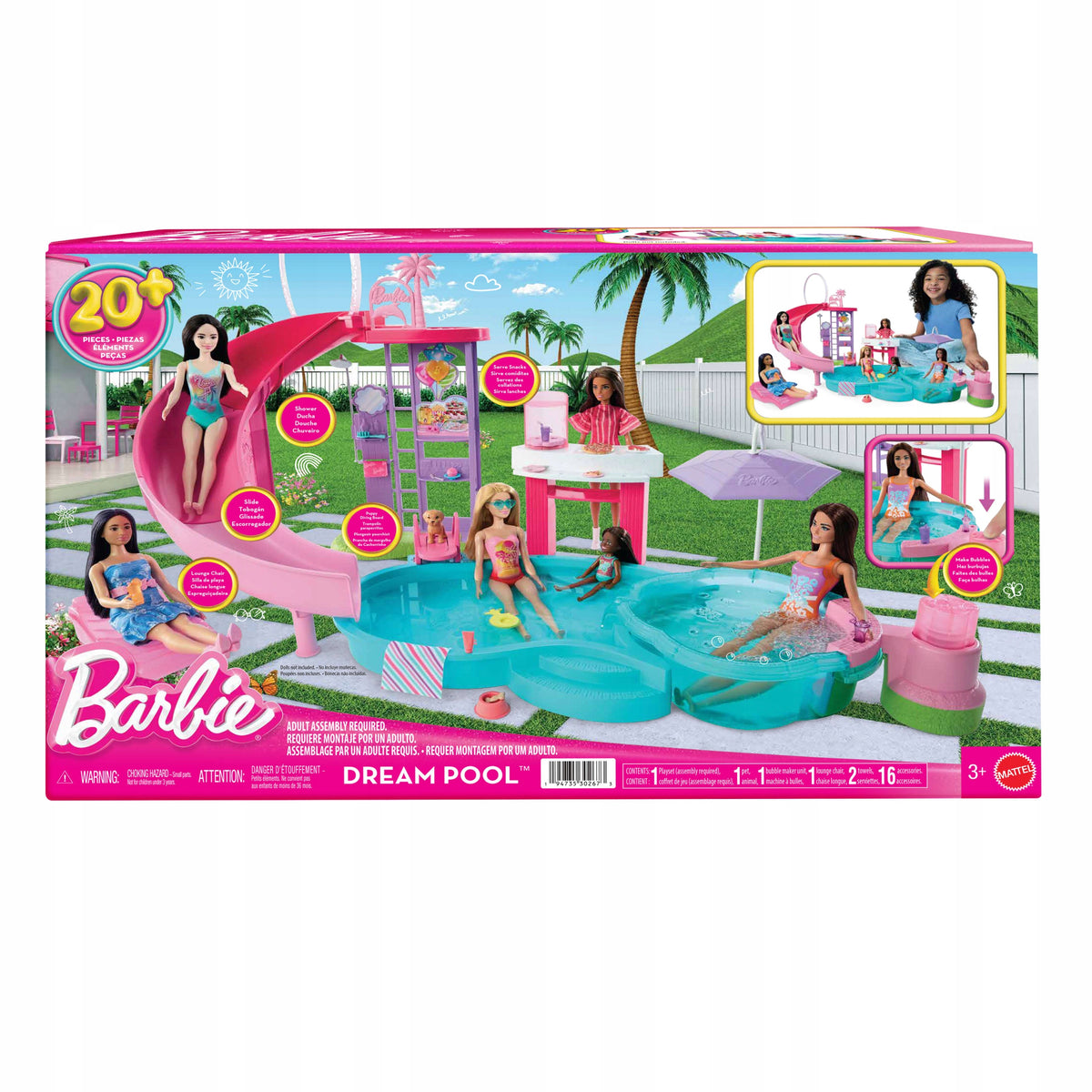 BARBIE DOLL DREAM POOL with slide, jacuzzi + accessories Packaging status original