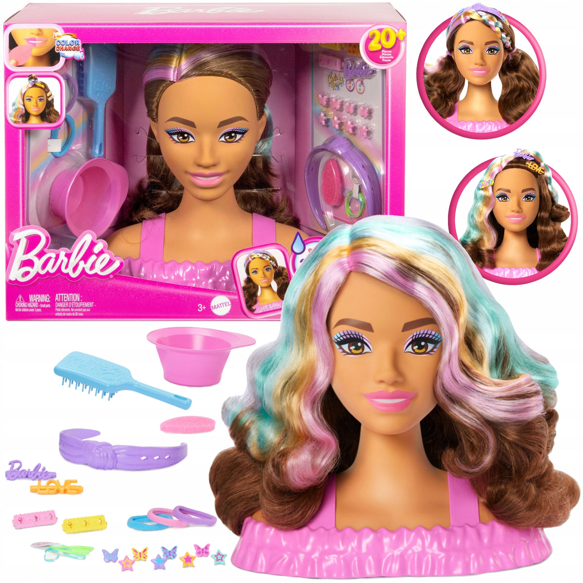 BARBIE DOLL HEAD FOR COMBING HAIRSTYLES BROWN HAIR COLOR REVEAL