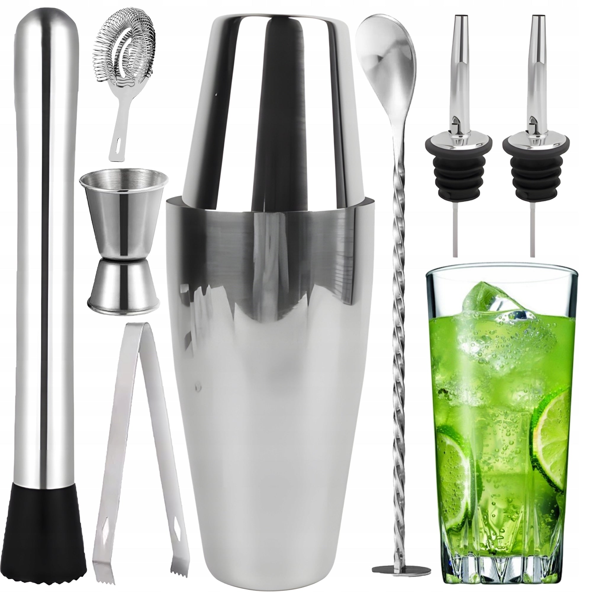 BARTENDING SET 9 EL SHAKER SCOOP SPOON PESTLE FOR COCKTAIL DRINKS 800ml