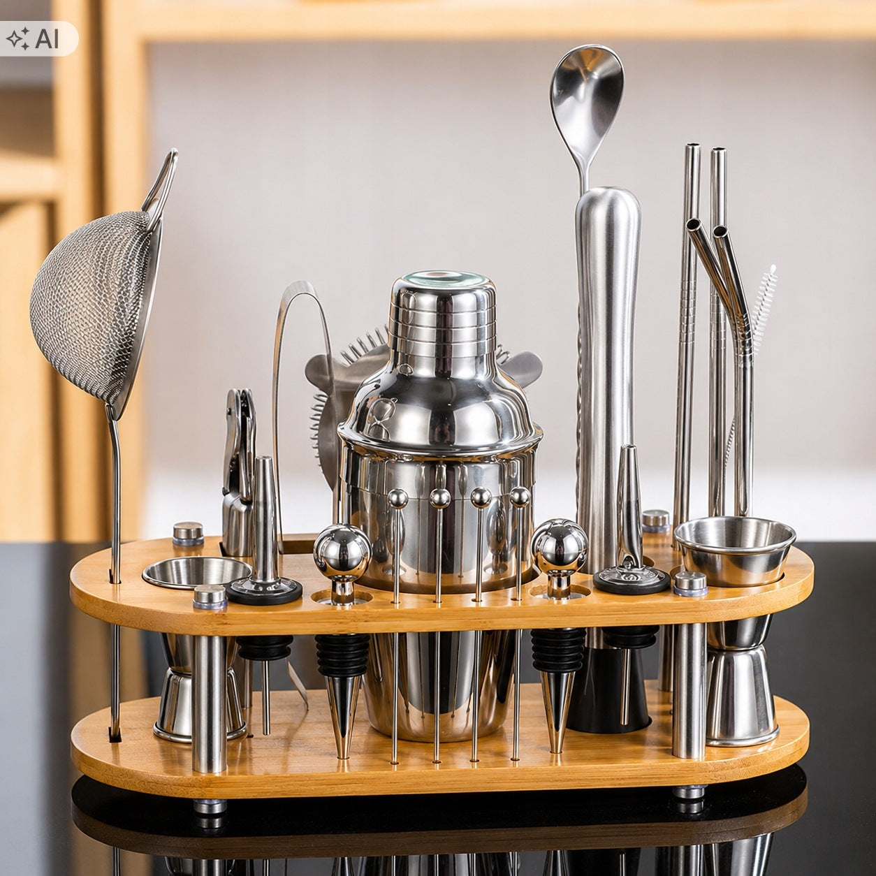 BARTENDING SET FOR COCKTAIL DRINKS 22 ELEMENTS STAINLESS STEEL BAMBOO Manufacturer code DA98A