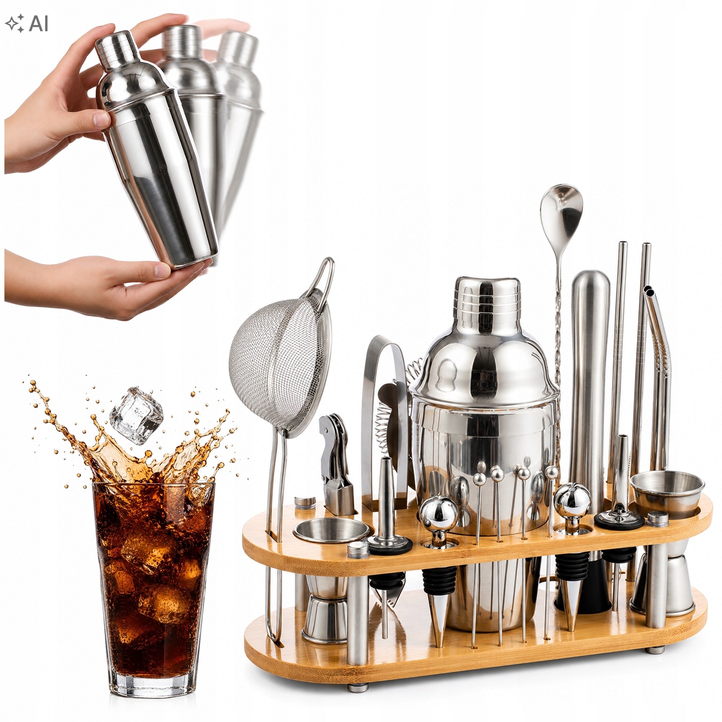 BARTENDING SET FOR COCKTAIL DRINKS 22 ELEMENTS STAINLESS STEEL BAMBOO Packaging status original