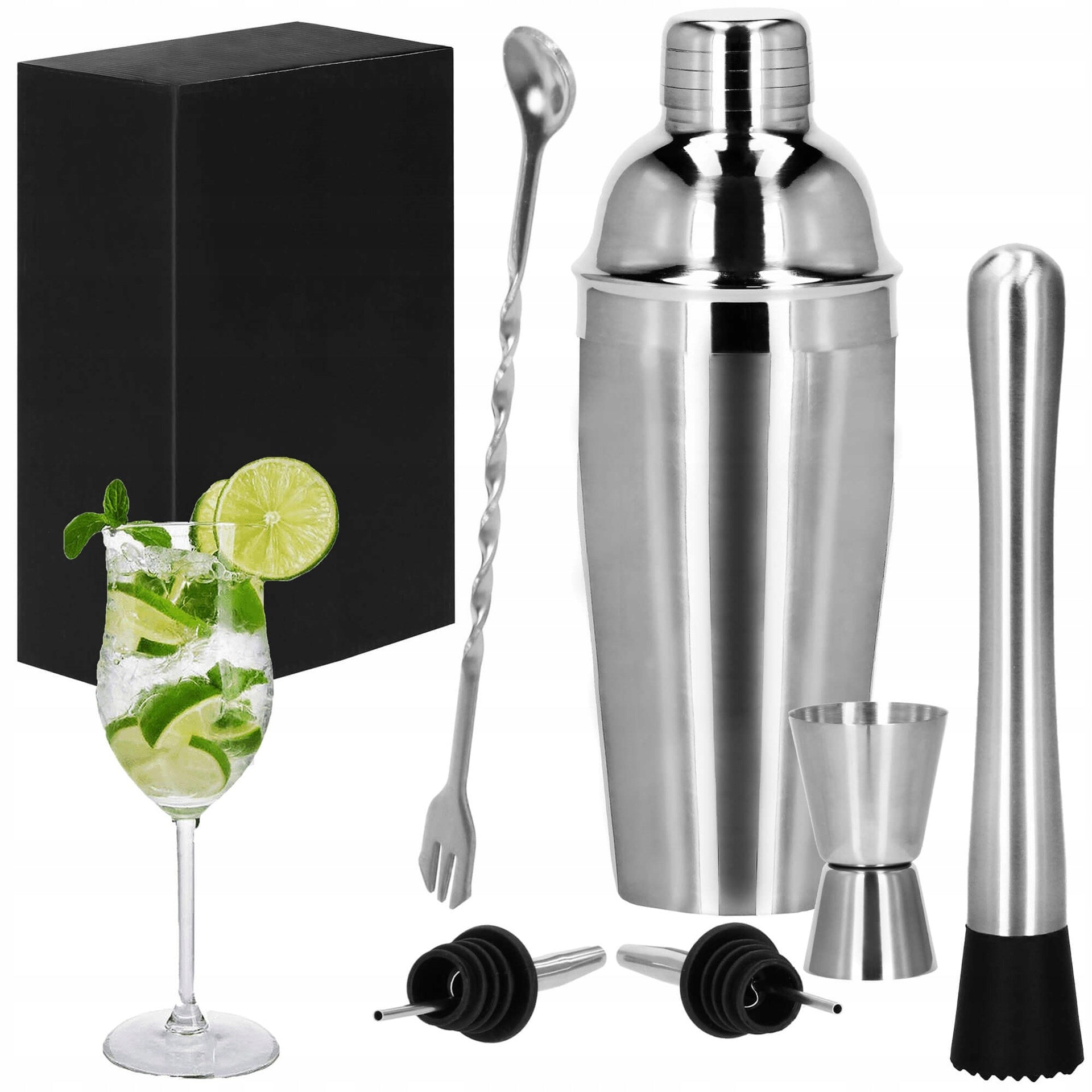BARTENDING SET FOR COCKTAIL DRINKS SHAKER SCOOP SPOON PESTLE STEEL 6 el.
