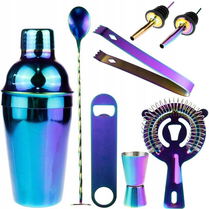 BARTENDING SET FOR DRINKS RAINBOW SHAKER JIGGER POURER SPOON 8el PREMIUM