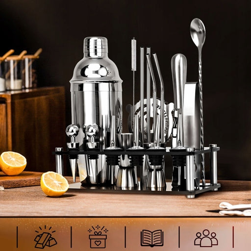 BARTENDING SET FOR DRINKS SHAKER STAINLESS STEEL WITH ACRYLIC STAND 20 EL Packaging status original