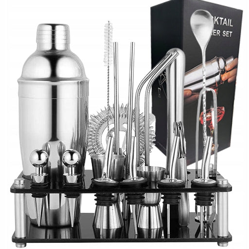 BARTENDING SET FOR DRINKS SHAKER STAINLESS STEEL WITH ACRYLIC STAND 20 EL