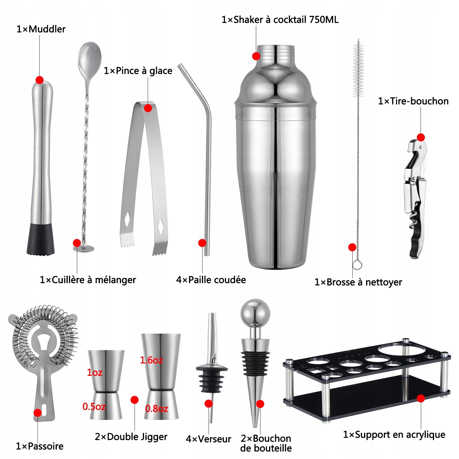 BARTENDING SET PROFESSIONAL 20EL FOR COCKTAIL DRINKS SHAKER 750ML + STAND Packaging status original