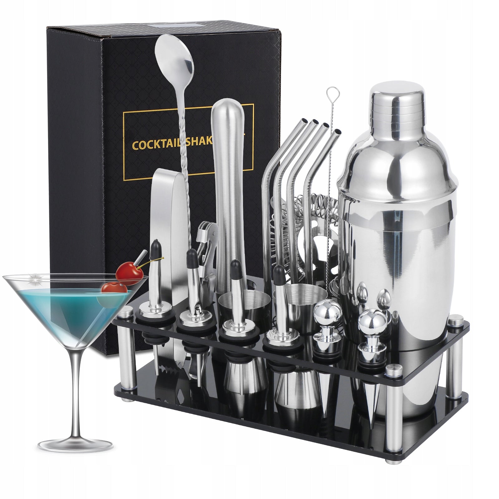 BARTENDING SET PROFESSIONAL 20EL FOR COCKTAIL DRINKS SHAKER 750ML + STAND